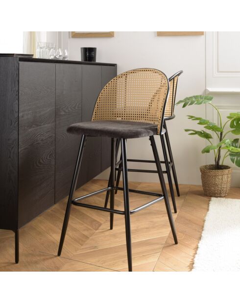 LEA - Lot de 2 tabourets d'ilot assise tissu noir dossier effet cannage