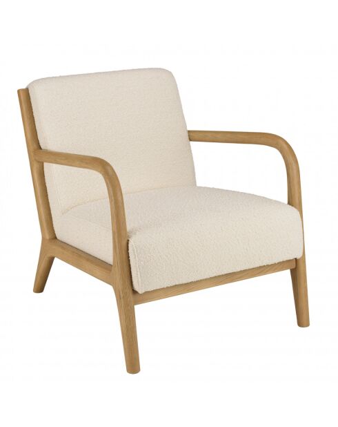 PIERRE - Fauteuil bas tissu bouclette écru structure et accoudoirs bois