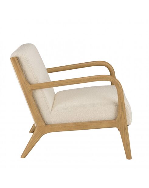 Fauteuil bas tissu bouclette écru structure et accoudoirs bois PIERRE