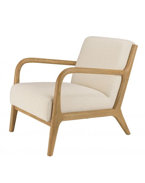 PIERRE - Fauteuil bas tissu bouclette écru structure et accoudoirs bois