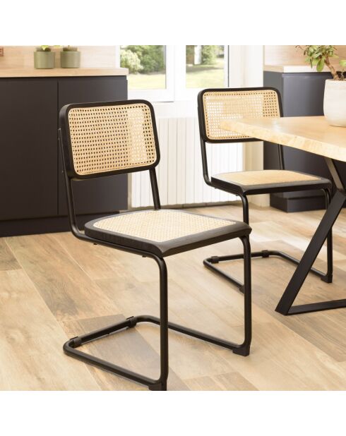 PIERRE - Lot de 2 chaises assise bois noir/rotin naturel pieds métal