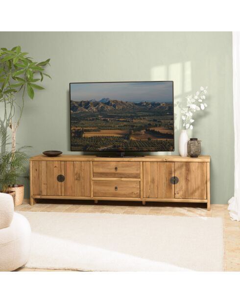 ANDRIAN - Meuble TV 2 tiroirs 4 portes, longueur 240cm bois pin recyclé