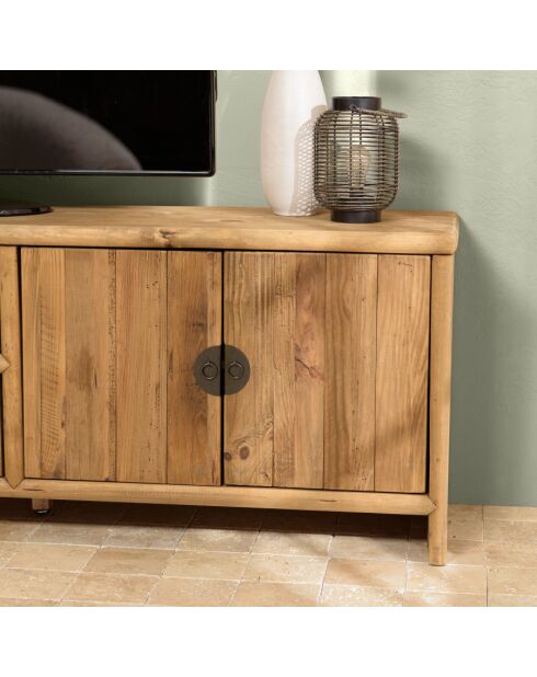 ANDRIAN - Meuble TV 2 tiroirs 4 portes, longueur 240cm bois pin recyclé