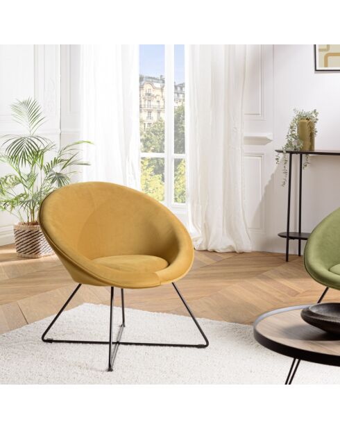 ALBANE - Fauteuil tissu velours jaune moutarde pieds croisés métal noir