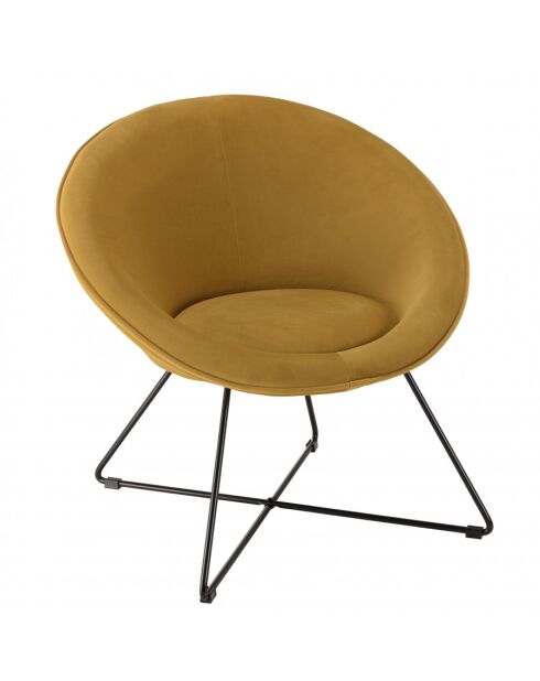 ALBANE - Fauteuil tissu velours jaune moutarde pieds croisés métal noir