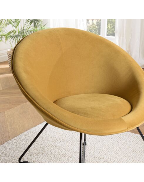 ALBANE - Fauteuil tissu velours jaune moutarde pieds croisés métal noir