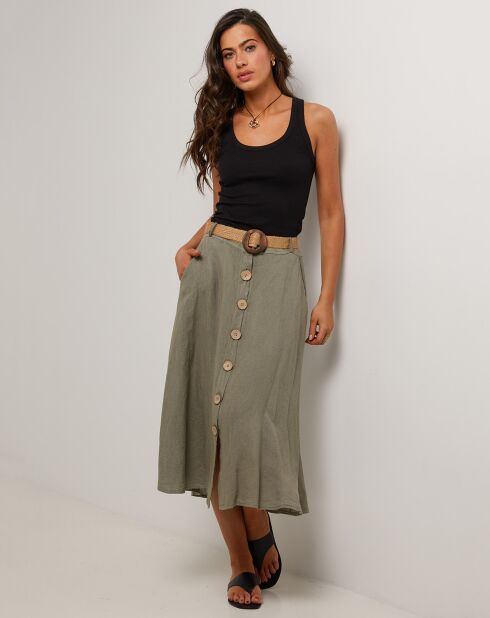 Khakifarbener langer Eva-Rock aus 100% Leinen