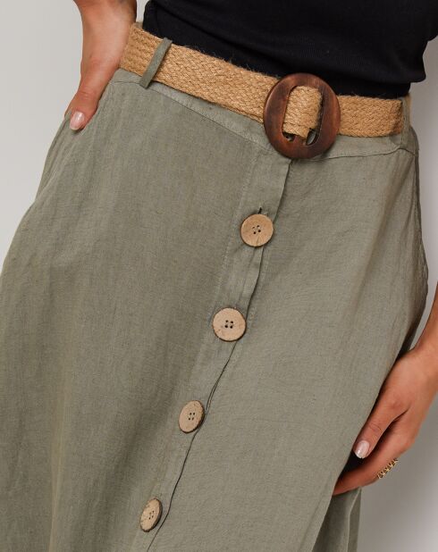 Khakifarbener langer Eva-Rock aus 100% Leinen