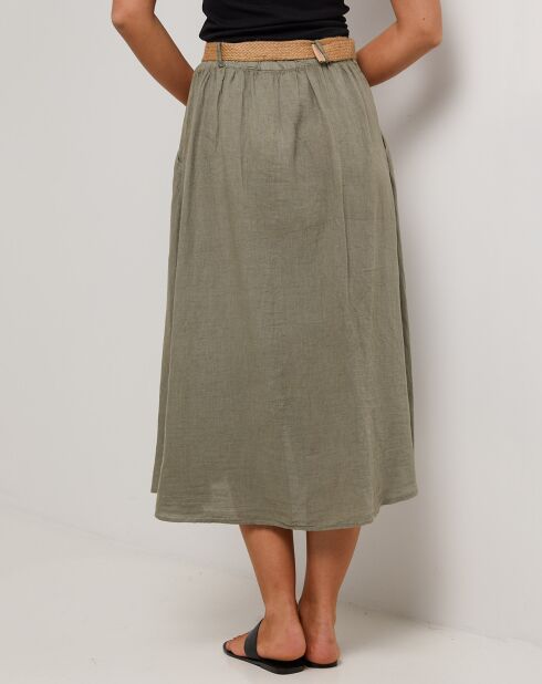 Khakifarbener langer Eva-Rock aus 100% Leinen