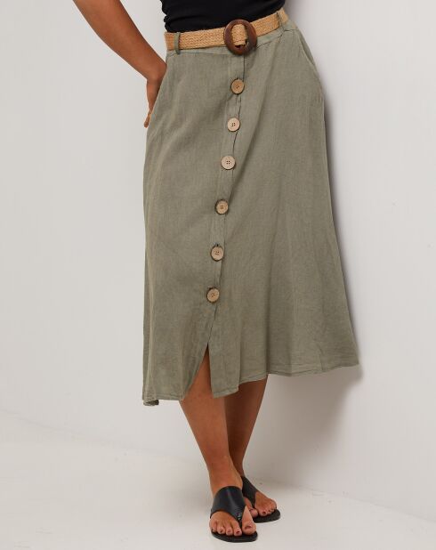 Khakifarbener langer Eva-Rock aus 100% Leinen