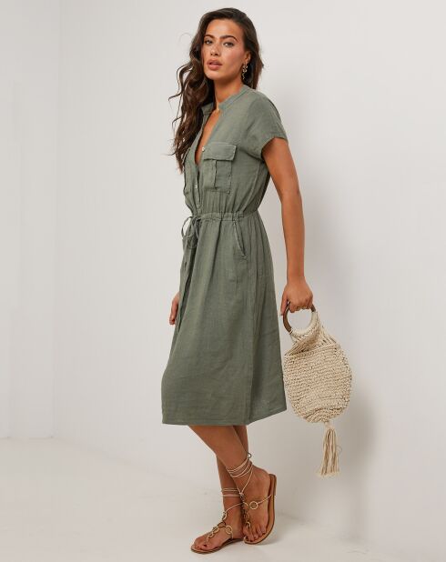 Alix khakigrünes Kleid aus 100% Leinen