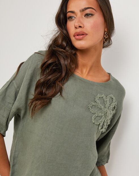 100% linnen Cynthia kaki groene top