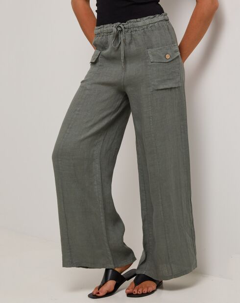 Adeline kaki groene broek van 100% linnen