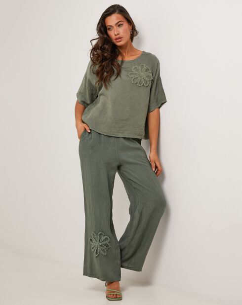 Pantalon 100% Lin Amanda vert kaki