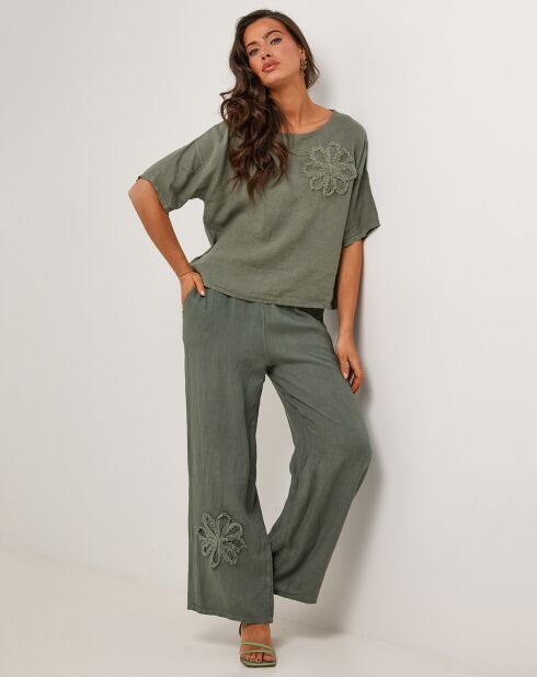 Pantalon 100% Lin Amanda vert kaki