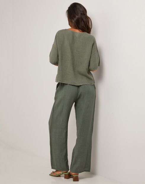 Pantalon 100% Lin Amanda vert kaki