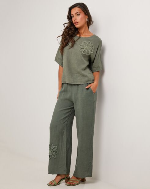 Pantalon 100% Lin Amanda vert kaki