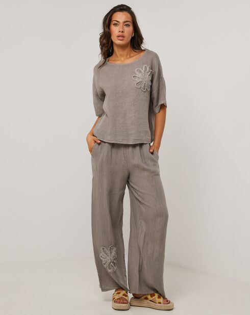Taupefarbene Hose Amanda aus 100% Leinen