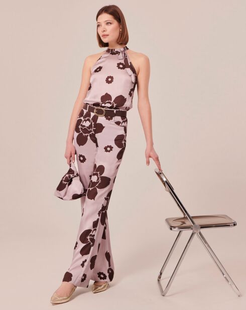 Pantalon imprimé fleuri en satin parme