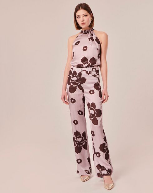 Pantalon imprimé fleuri en satin parme