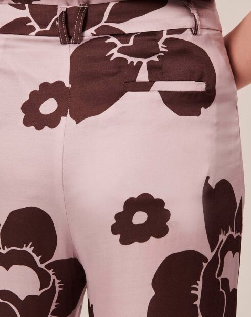 Pantalon imprimé fleuri en satin parme