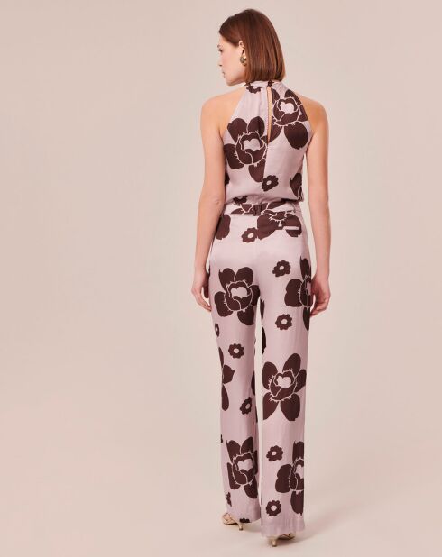 Pantalon imprimé fleuri en satin parme