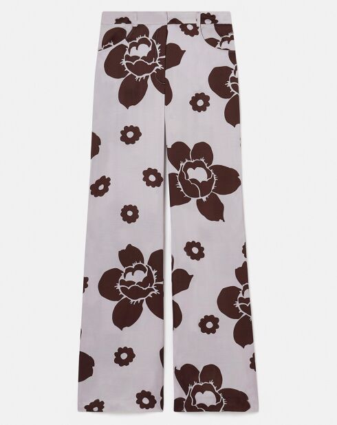 Pantalon imprimé fleuri en satin parme