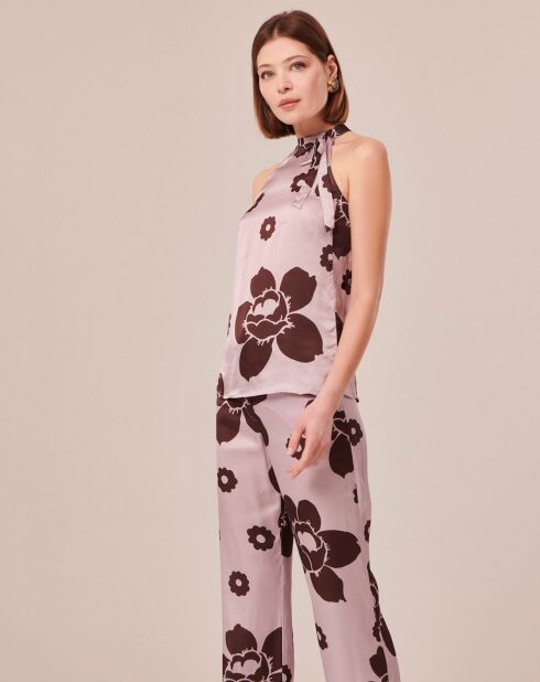 Top imprimé fleuri en satin parme