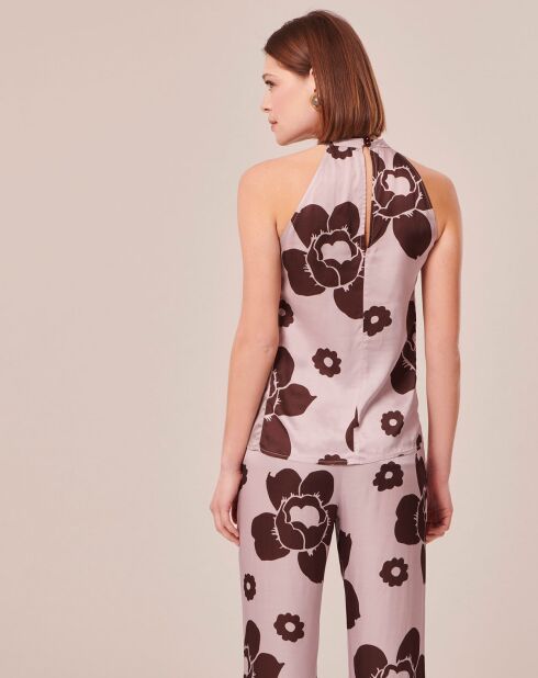 Top imprimé fleuri en satin parme