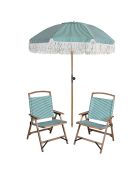 Ensemble parasol + 2 chaises plage en polyester playa blanc/naturel/vert