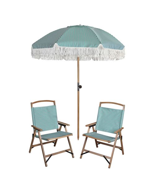 Ensemble parasol + 2 chaises plage en polyester playa blanc/naturel/vert