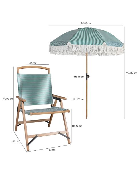 Ensemble parasol + 2 chaises plage en polyester playa blanc/naturel/vert