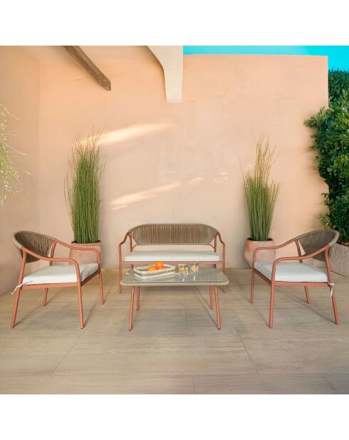 Salon de jardin Santorini en acier et rotin rotin/corail