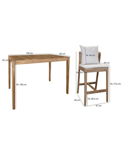 Ensemble Fidji table haute et 2 chaises en bois d'acacia blanc/acacia
