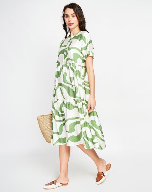 Lilou Weiß/Mintfarbenes Leinenmischkleid