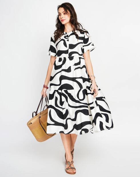 Lilou weiß/schwarzes Leinenmischkleid