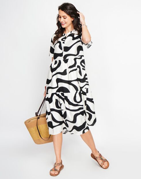 Lilou weiß/schwarzes Leinenmischkleid