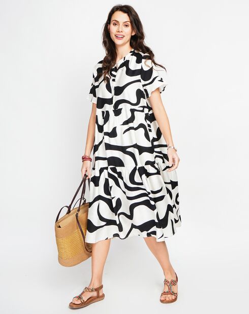 Lilou weiß/schwarzes Leinenmischkleid