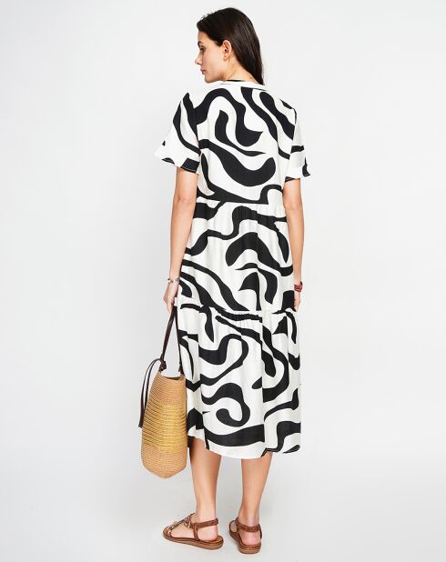 Lilou weiß/schwarzes Leinenmischkleid