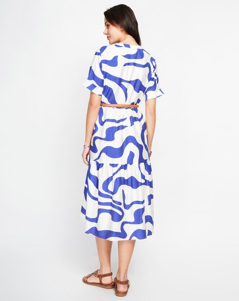 Lilou weißes/royales Leinenmischkleid