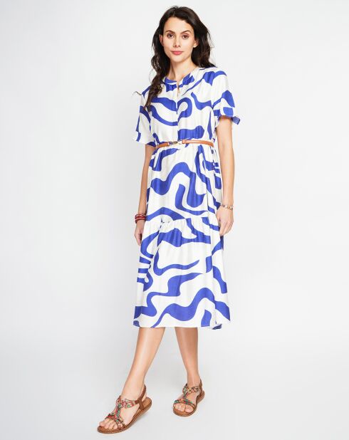 Lilou weißes/royales Leinenmischkleid