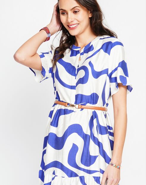 Lilou weißes/royales Leinenmischkleid