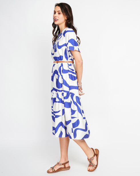 Lilou weißes/royales Leinenmischkleid