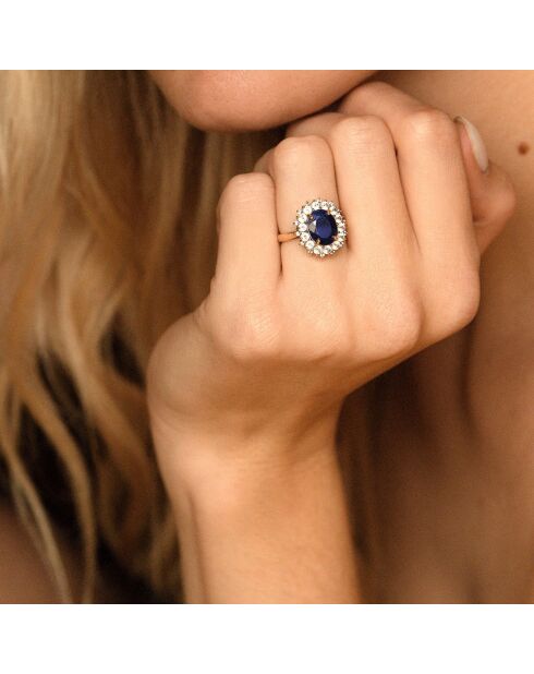 Bague Soleil Bleu Saphir 3.5 ct & Topaze blanche 1.33 ct or jaune