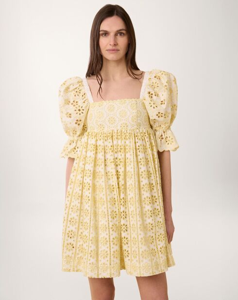 Robe courte Broderie blanc/jaune