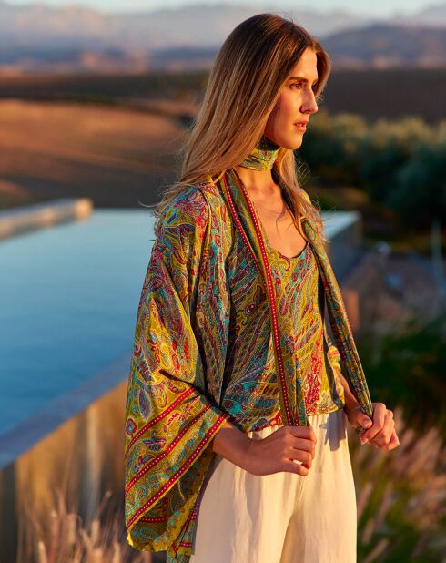 Kimono court en Soie mélangée Anna vert/multicolore