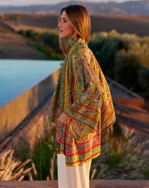 Kimono court en Soie mélangée Anna vert/multicolore