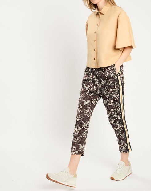 Pantalon fleuri marron/blanc
