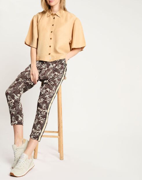 Pantalon fleuri marron/blanc