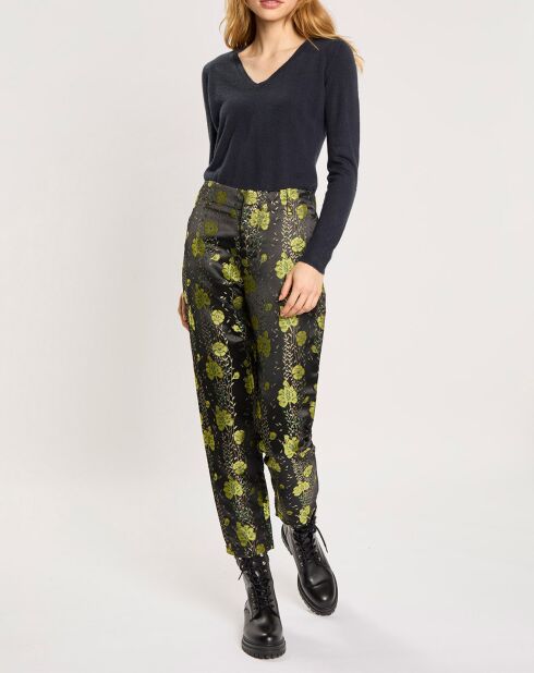 Pantalon à fleurs noir/jaune